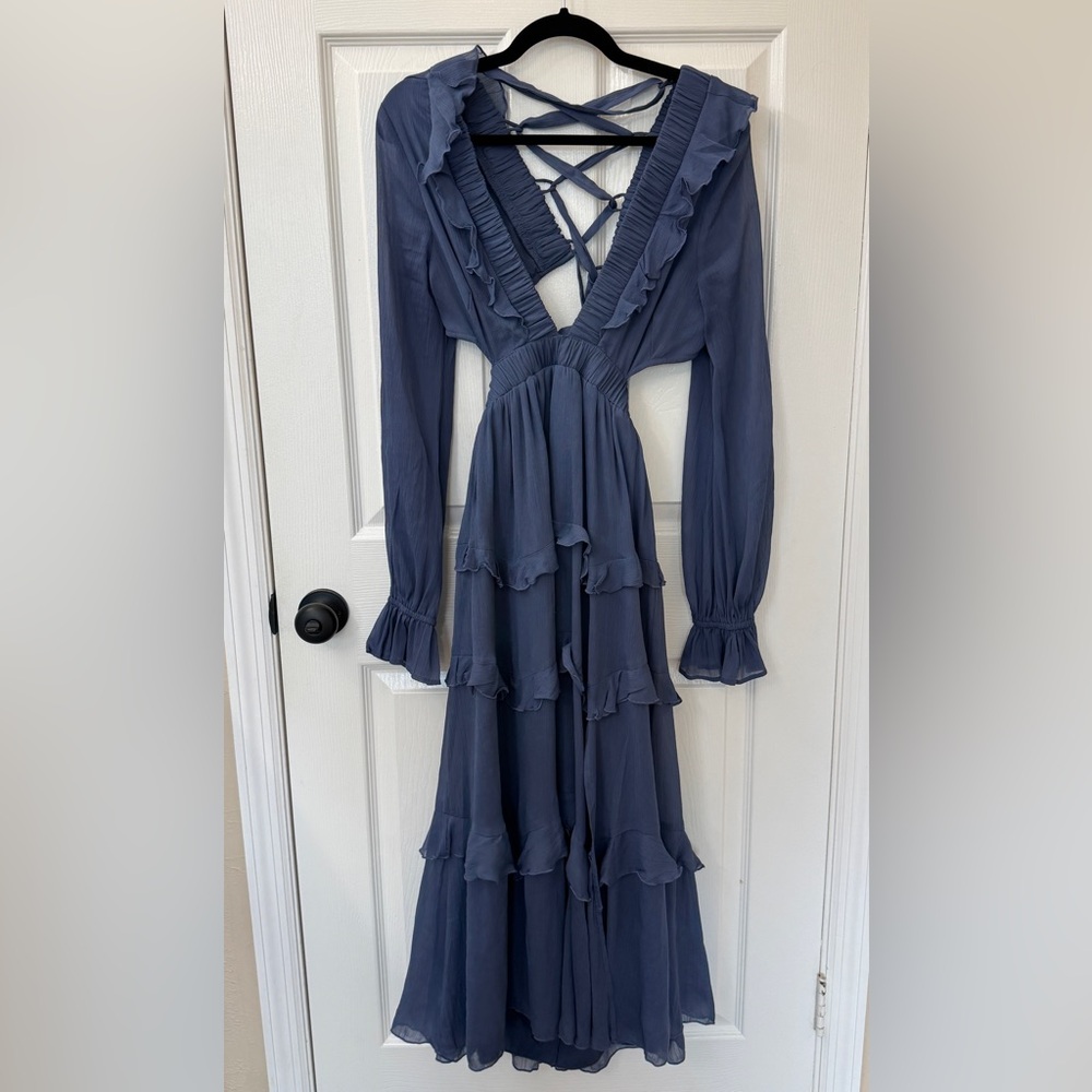 Long Sleeve Ruffle Tiered Maxi Dress in Slate Blue